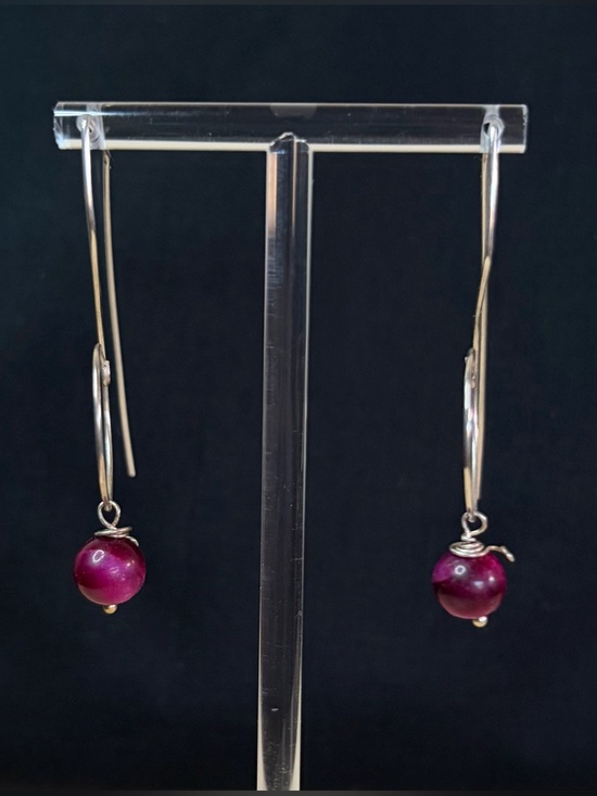 Sterling Silver Red Tigers Eye Artisan Hand Crafted Wire Drop Earrings - Picture 5 of 7